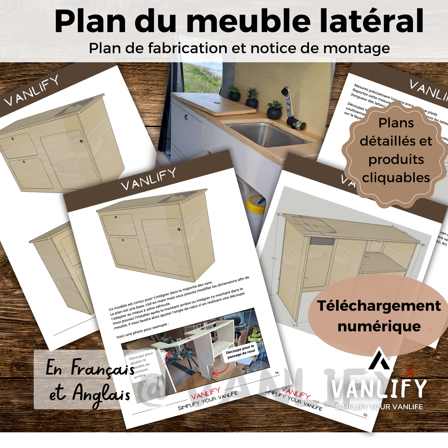 Plan PDF fabrication meuble latéral en Français et Anglais