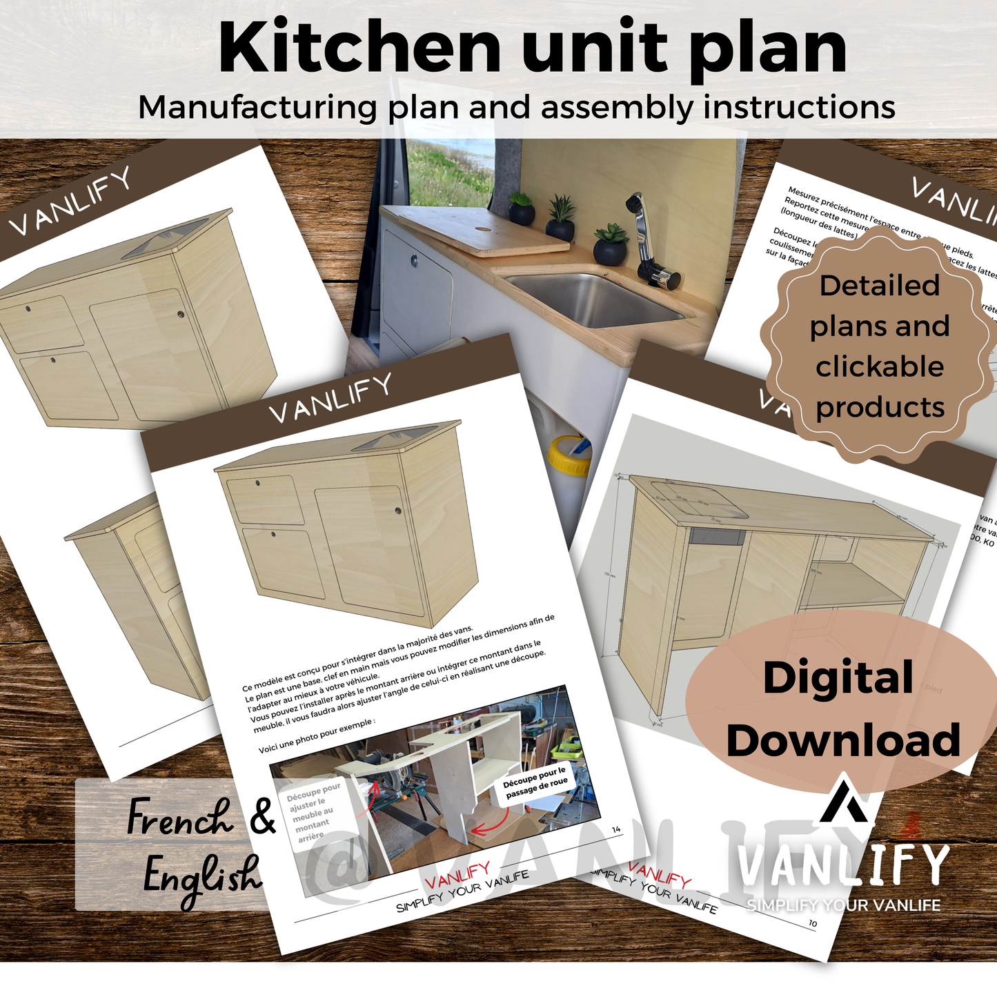 Plan PDF fabrication meuble latéral en Français et Anglais