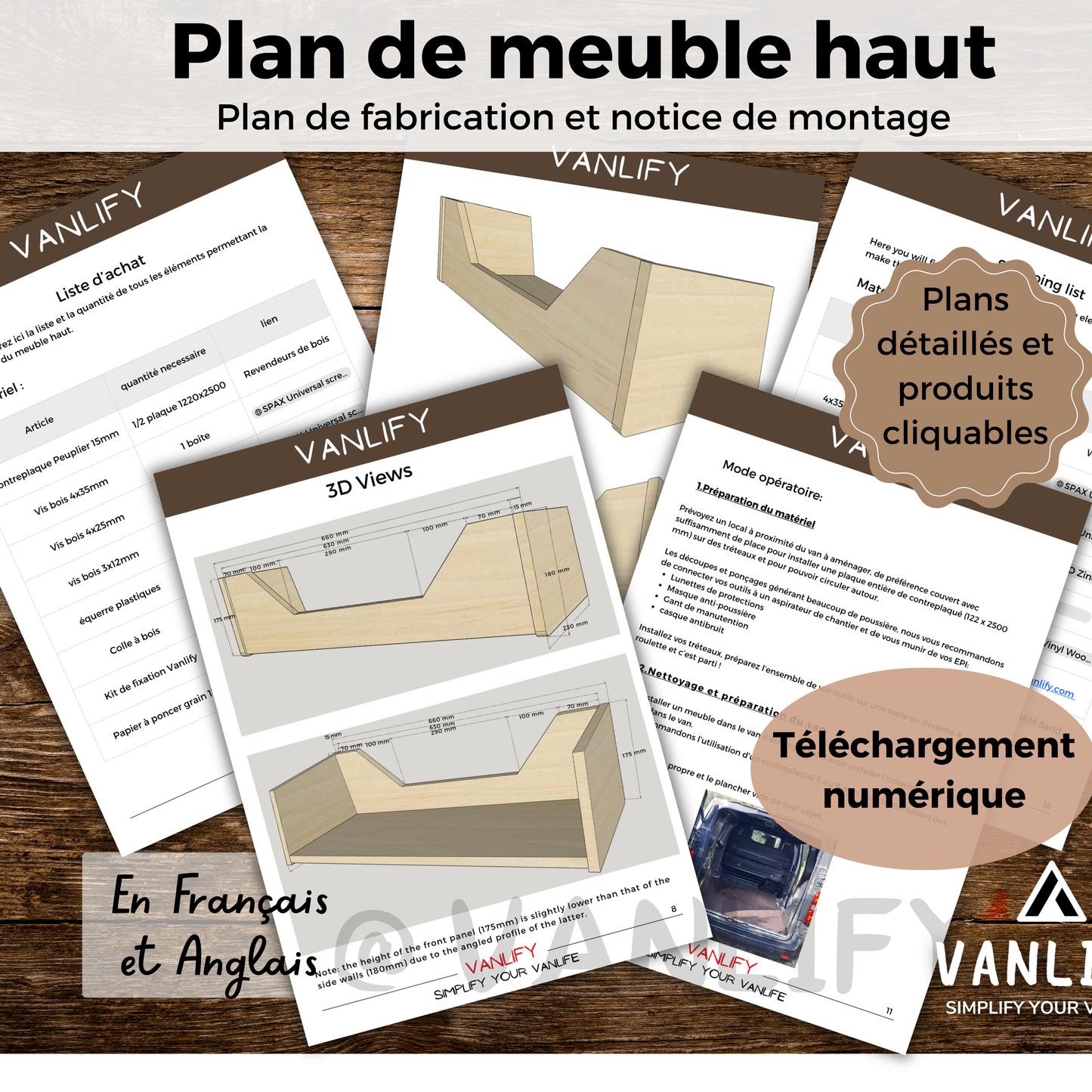 Plan PDF fabrication meuble haut en Français et Anglais
