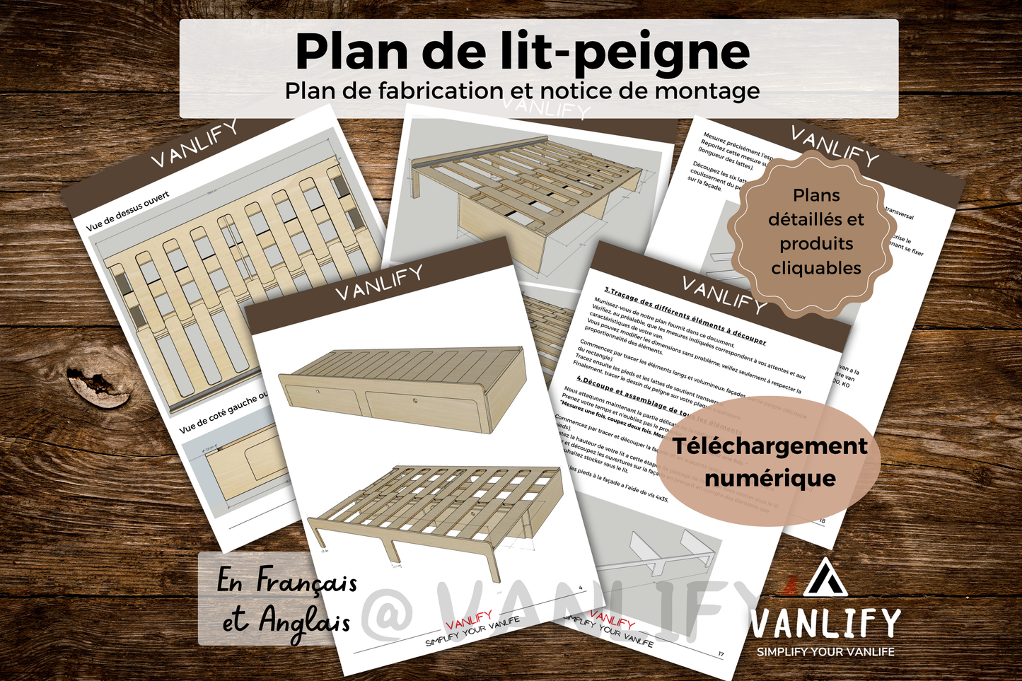 Plan PDF fabrication lit peigne en Francais et Anglais